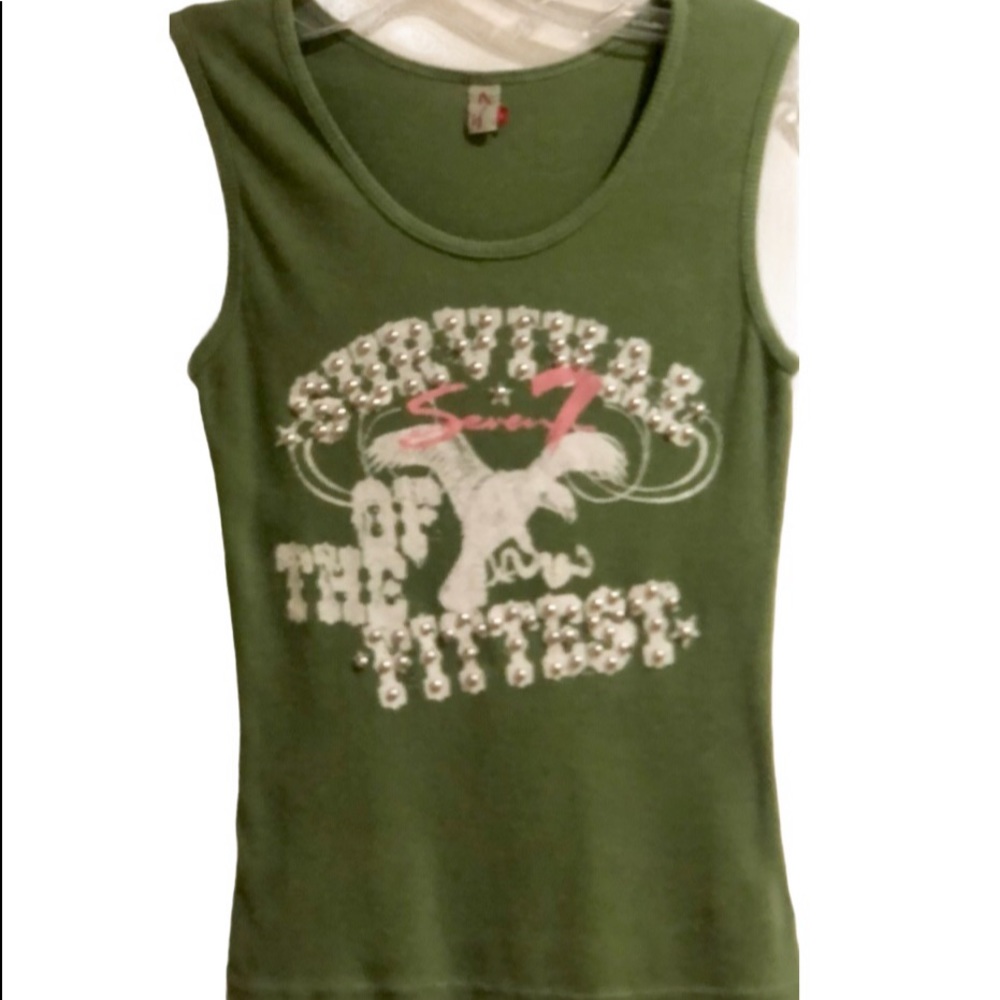 💥Seven7 army green graphic white & pink studded boho festival muscle tank tee M